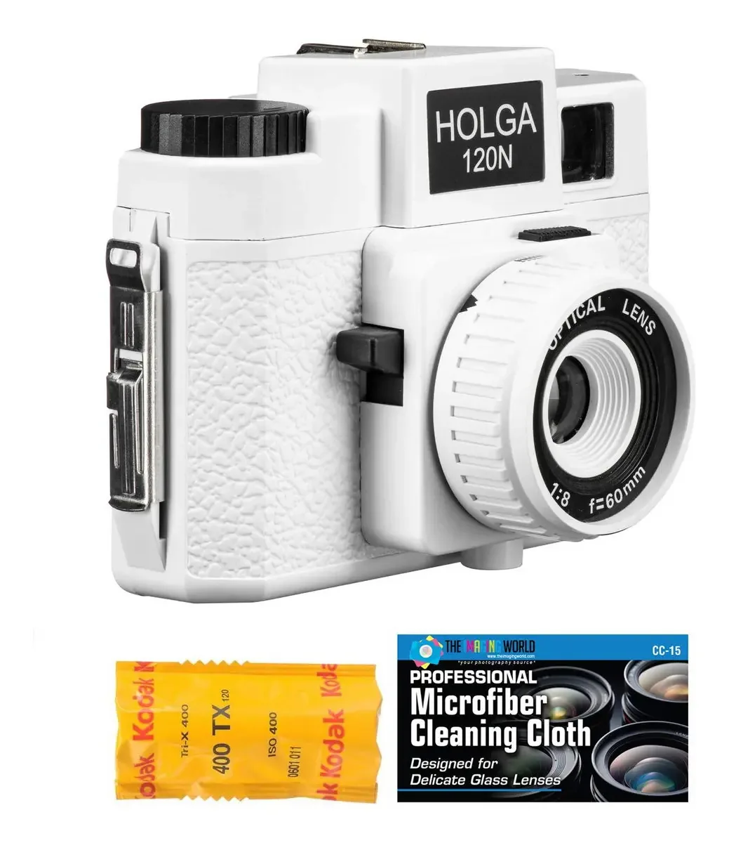 Câmera de filme de médio formato Holga 120n (branca) com pacote de filme Kodak Tx 120 e tecido de microfibra