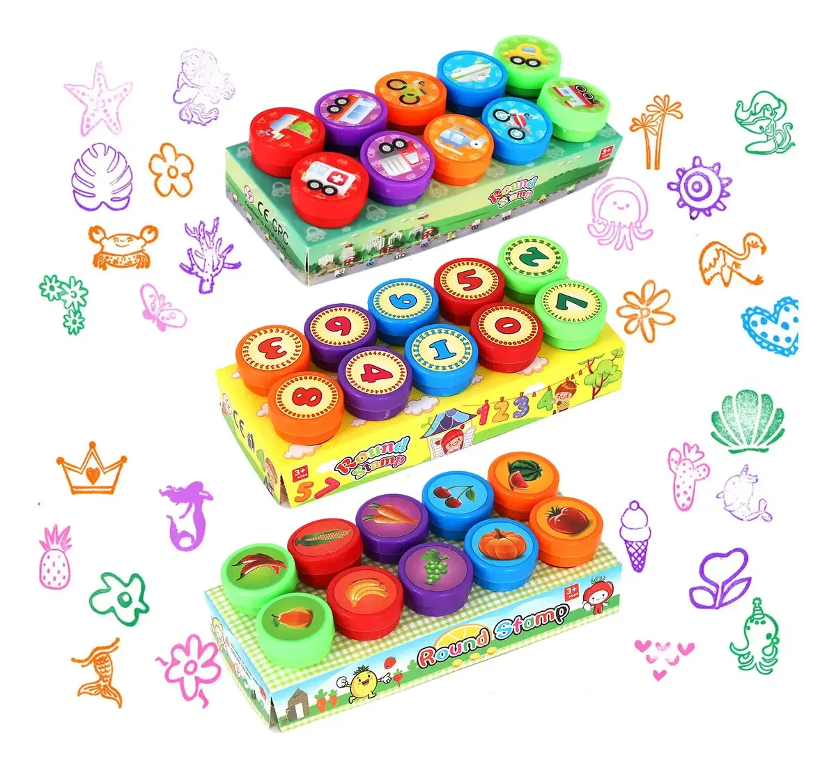 Conjunto de 30 carimbos de animais para crianças (dinossauros, vegetais), frutas e vegetais ao ar livre, números de desenhos animados, transporte