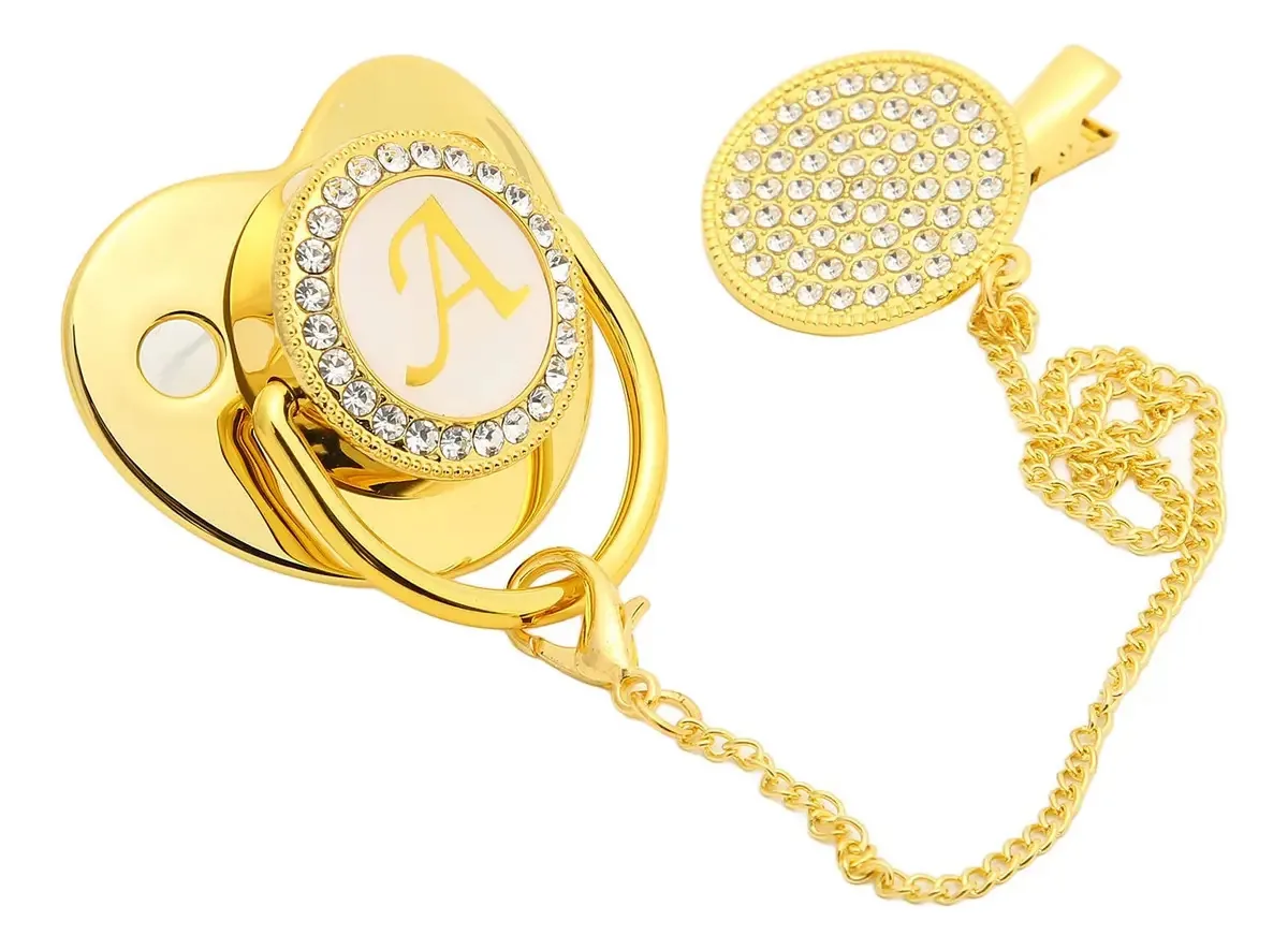 Chupeta para bebês, conjunto personalizado de chupeta e clipe de chupeta, chupeta dourada com 26 letras, chupeta brilhante para recém-nascidos, mamilo de bebê dourado, dispositivo de desmame de...