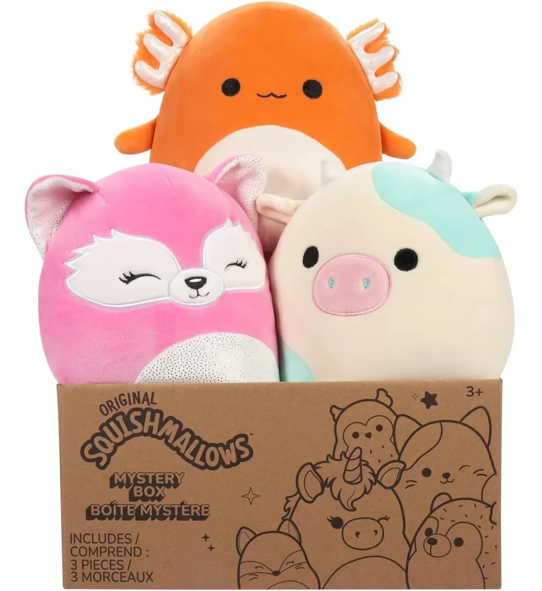 O pacote Squishmallows Plush Mystery 8 inclui três cores variáveis