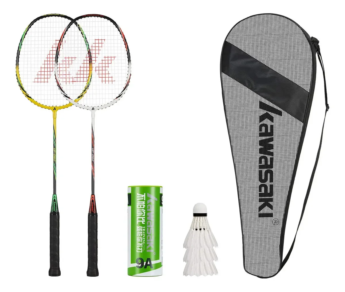 U/d Kawasaki- Conjunto De Raquetes De Badminton Para 2 Jogadores, Conjunto De Raquetes Duplas De Alumínio Para Badminton, 1 Bolsa De Transporte Incluída (Amarelo Verde/Branco Vermelho), Padrão