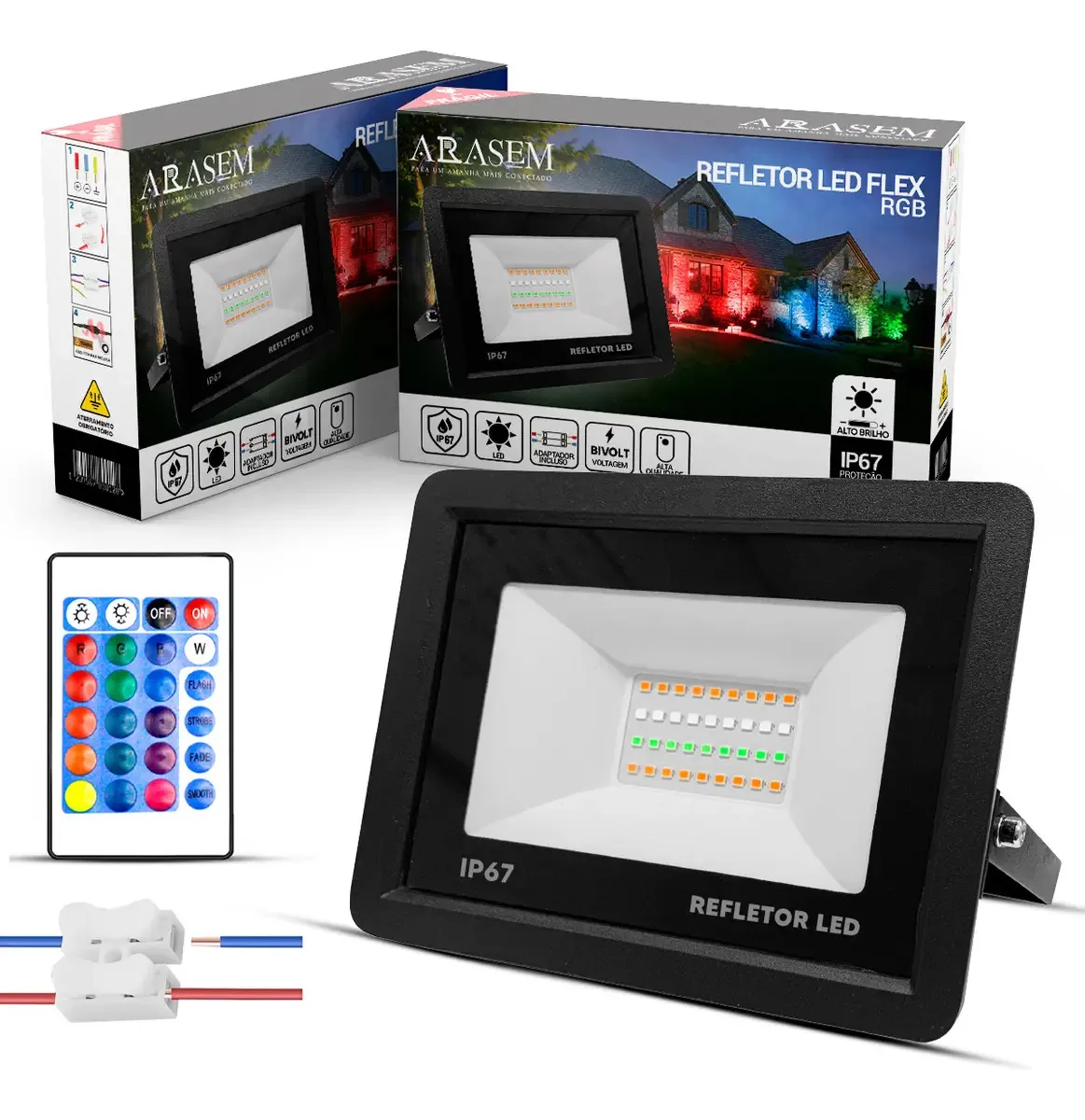 Kit 2 Refletores LED 50W RGB Arasem Preto IP67 Alumínio Bivolt
