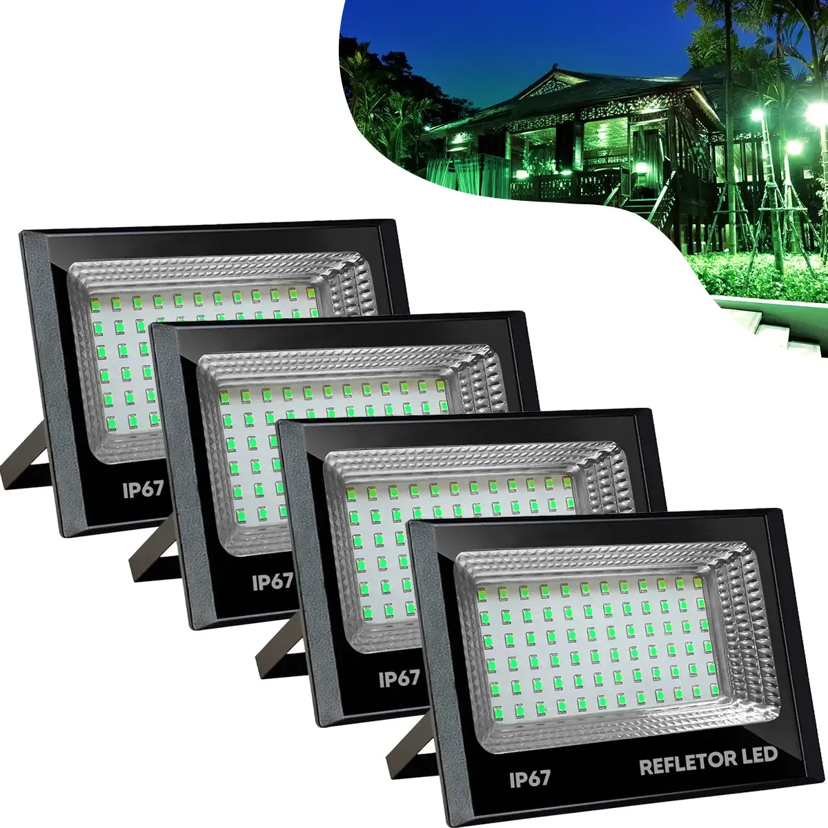 Kit 4 Refletores Max 100w Luz Verde Alta Potência E Economia