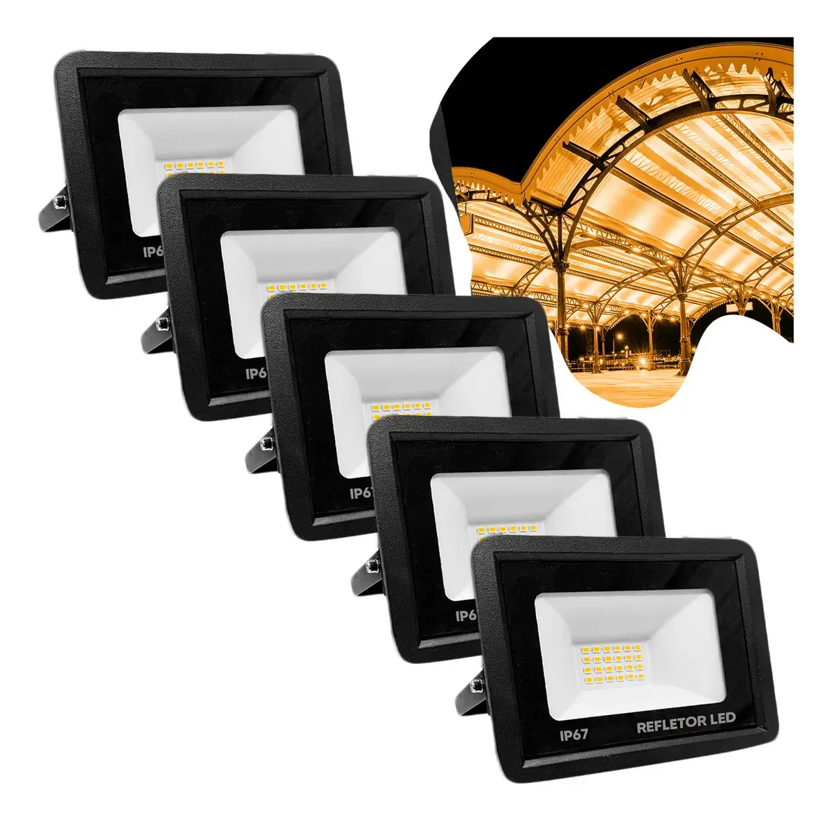 Kit 5 Refletores Mini Led 50w Branco Quente 3500k Ip67 Illus