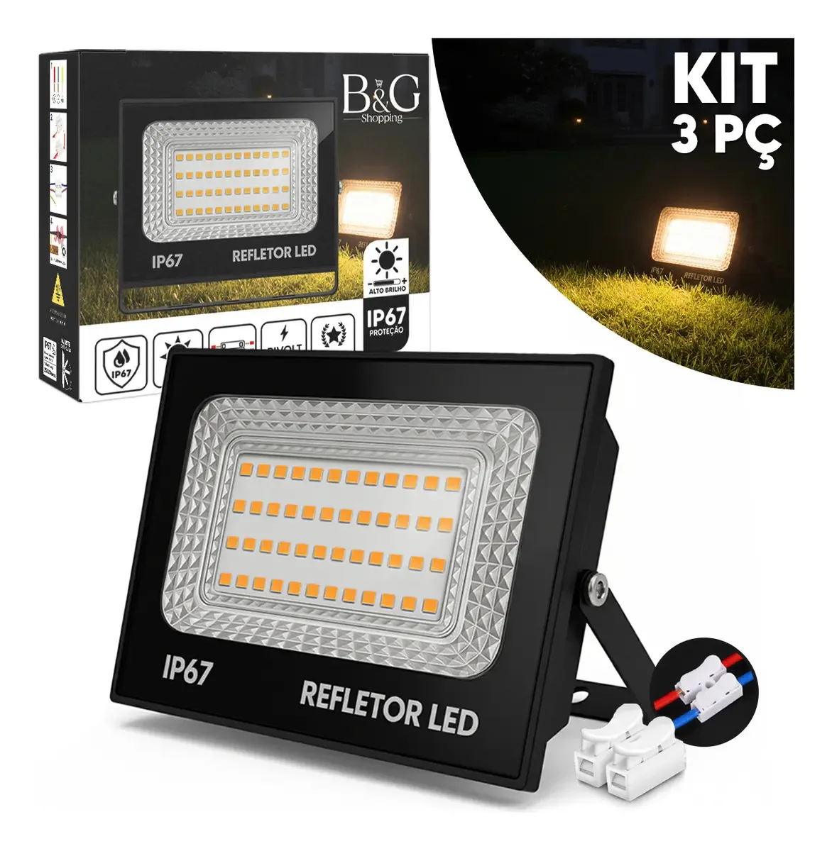 Kit 3 Refletores Mini Led 200w Opple Ip67 Branco Quente 3500k