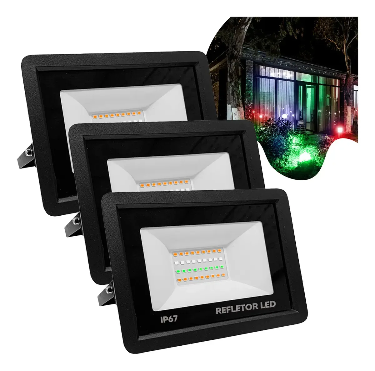 Kit 3 Refletores Led Flex 100w Rgb Proteção Ip67 Opple