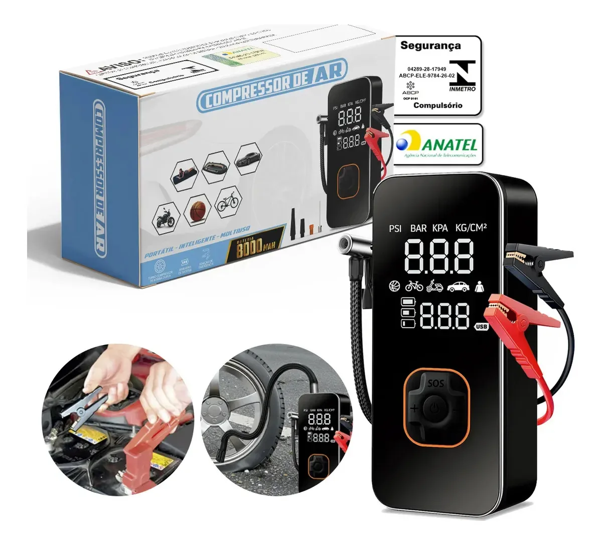 Calibrador De Pneus E Bomba Air Pump Portátil Multifuncional Auxiliar De Partida Alta Potência Recarregável E Bivolt Com Powerbank Lanterna