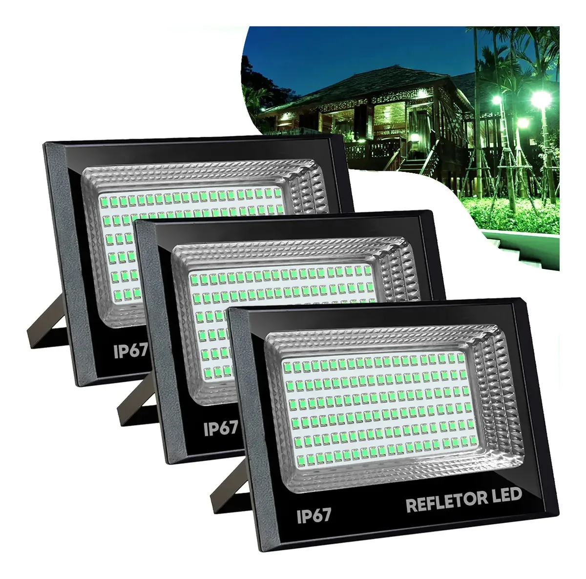 Kit 3 Refletores Max 200w Cor Verde Para Uso Profissional