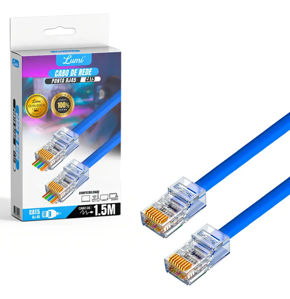 Cabo De Rede Internet Lan 1,5 Metros Montado Fio Azul Lumi