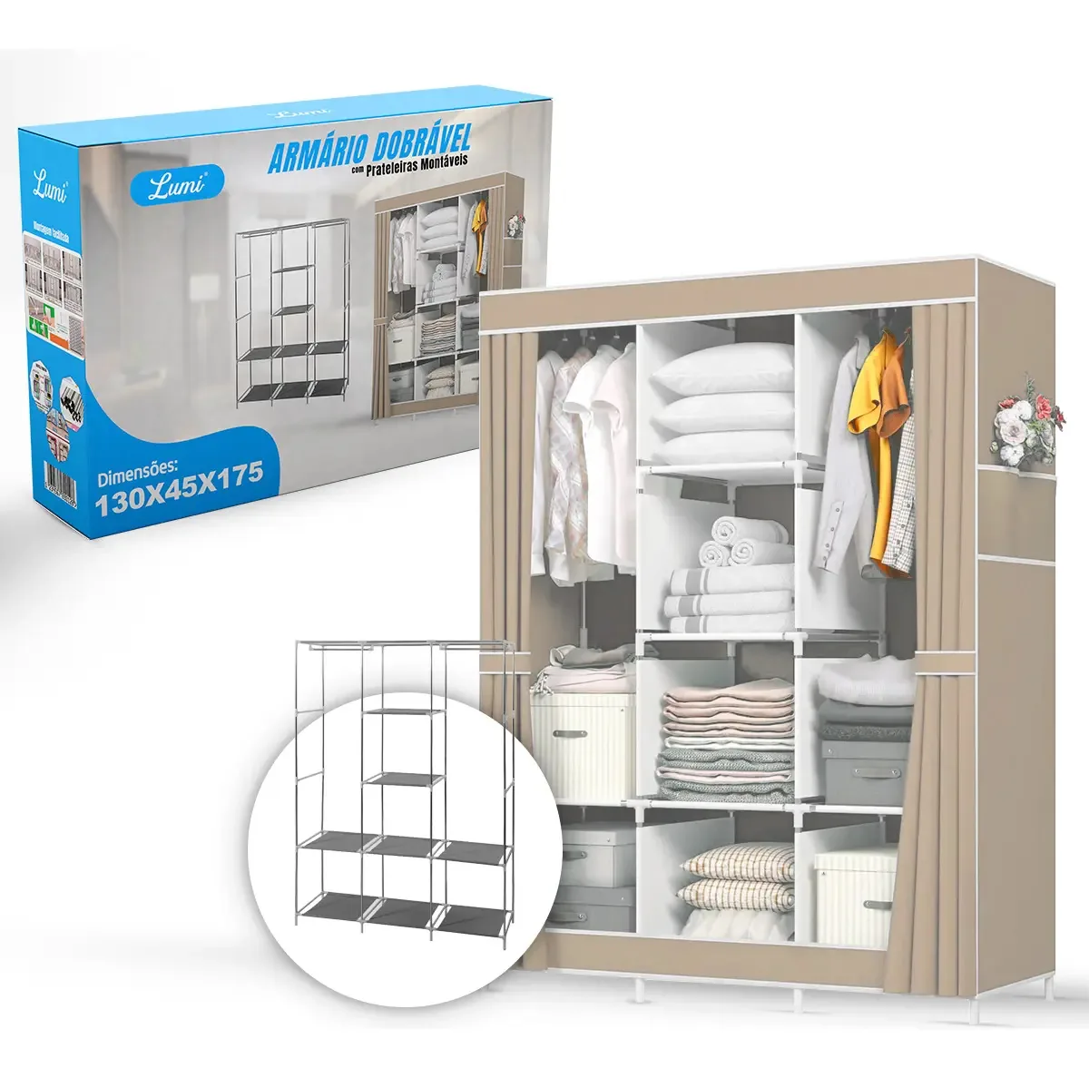 Guarda Roupa Dobrável Guarda Roupa Casal 3 Portas Suportar Cor Bege