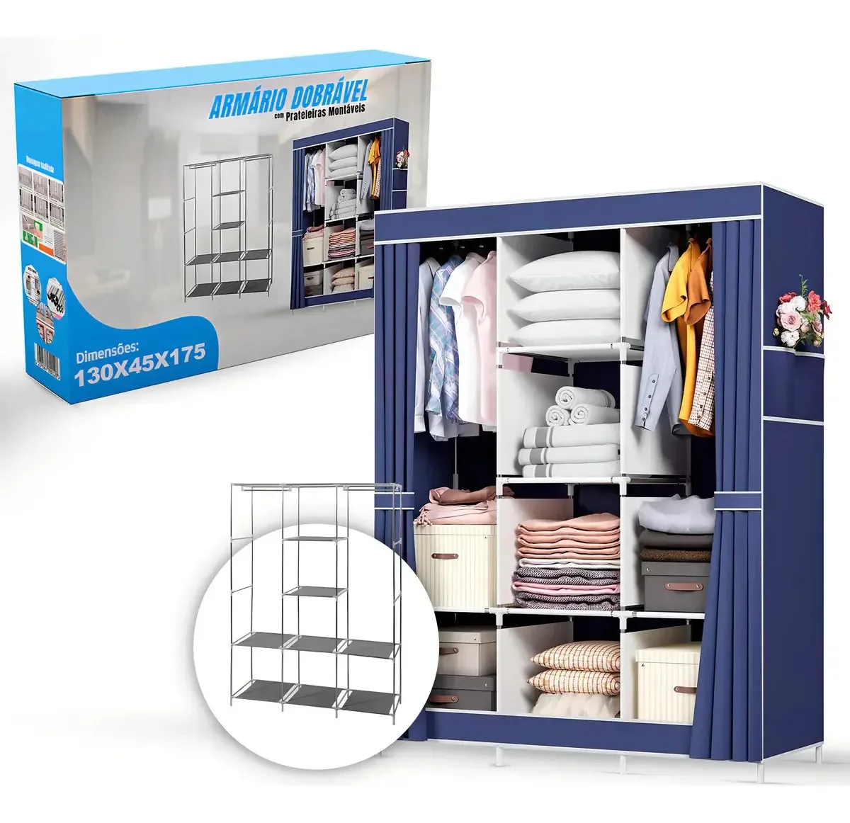 Guarda-Roupa Organizador Dobrável de Tecido para Casal, Azul-Marinho, Com Cabide e 8 Prateleiras