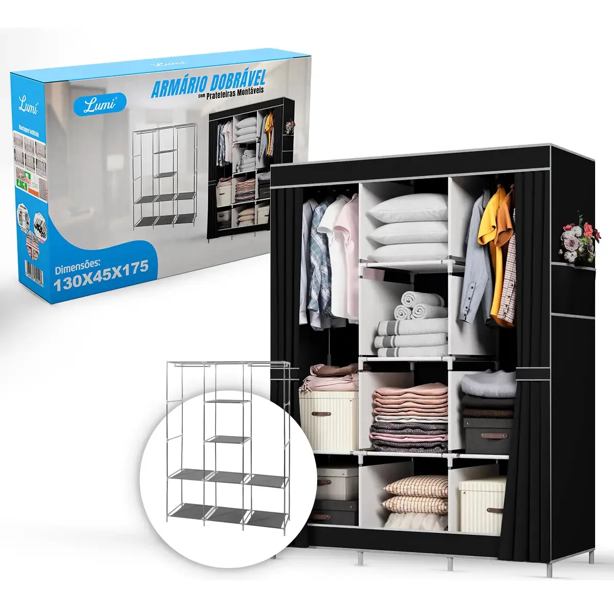 Guarda Roupa Dobrável Guarda Roupa Casal 3 Portas Suportar Cor Preto