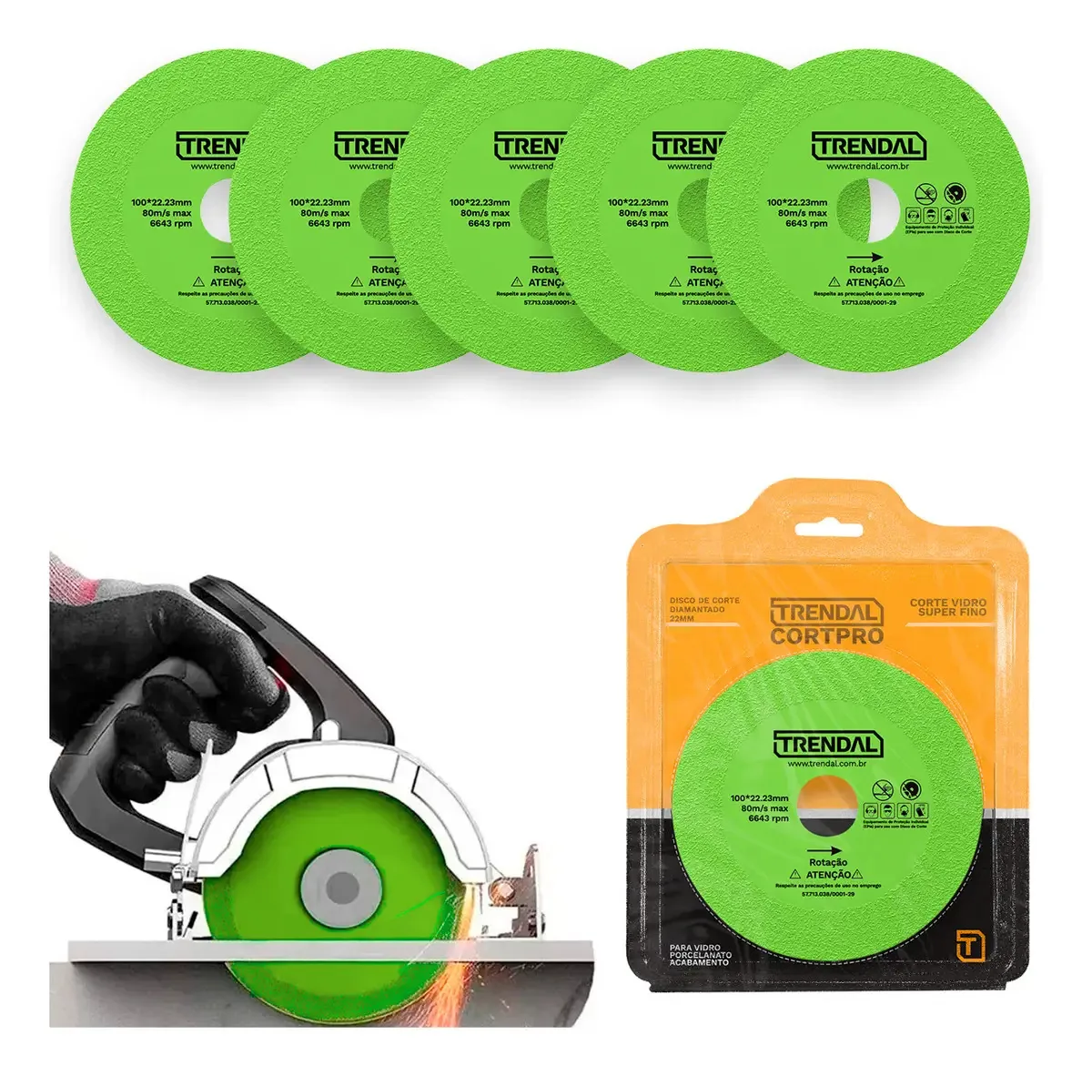 Kit 5 Discos Corte Diamantado Trendal 100mm Para Vidro E Cerâmica