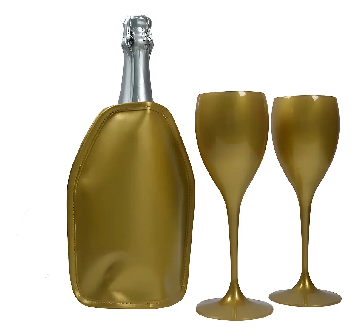 Jogo De Taças Para Vinho E Cooler Térmico Dourado