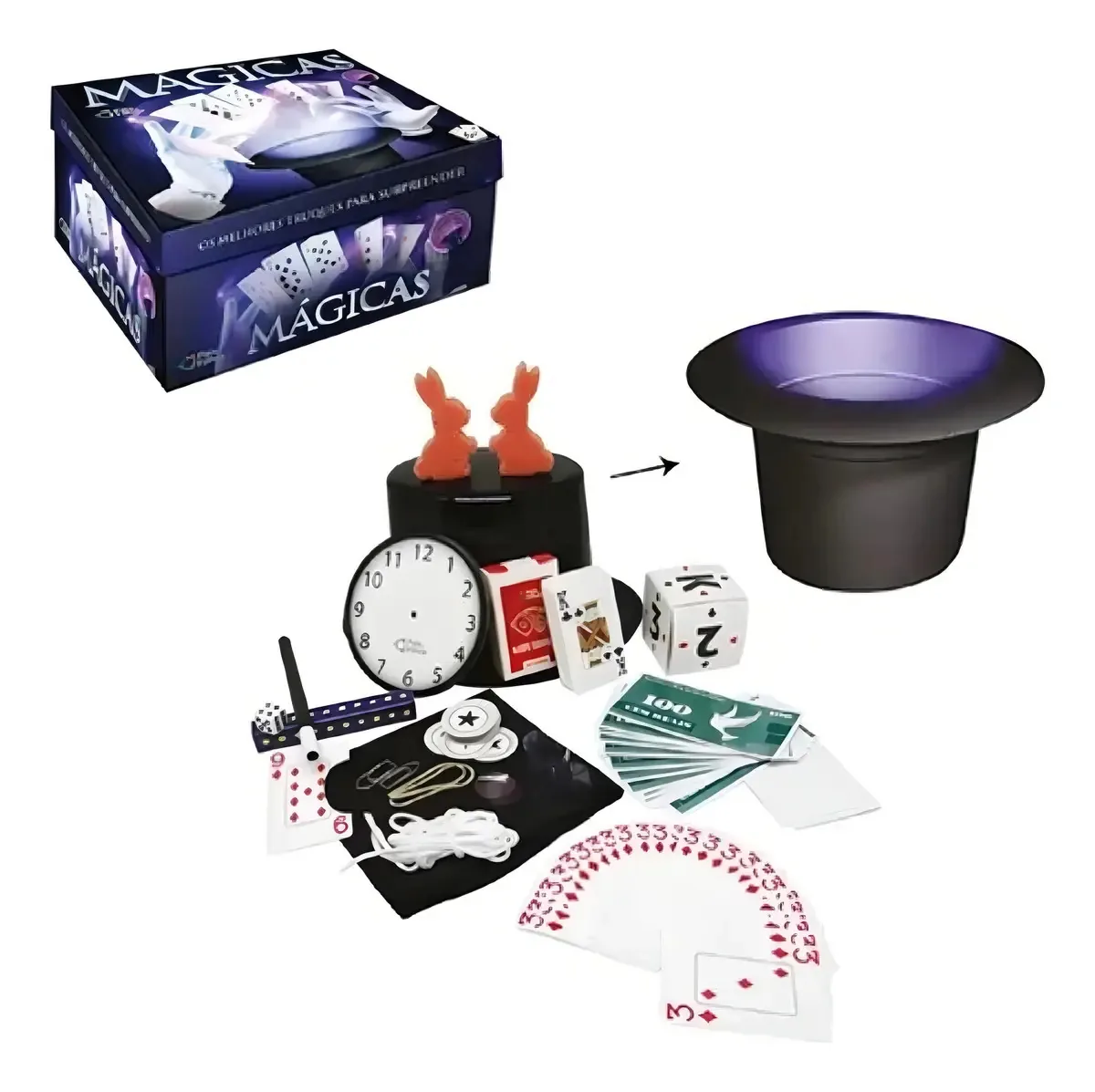 Kit Infantil Magica C/30 Truques Cartola E Coelho De Pelúcia