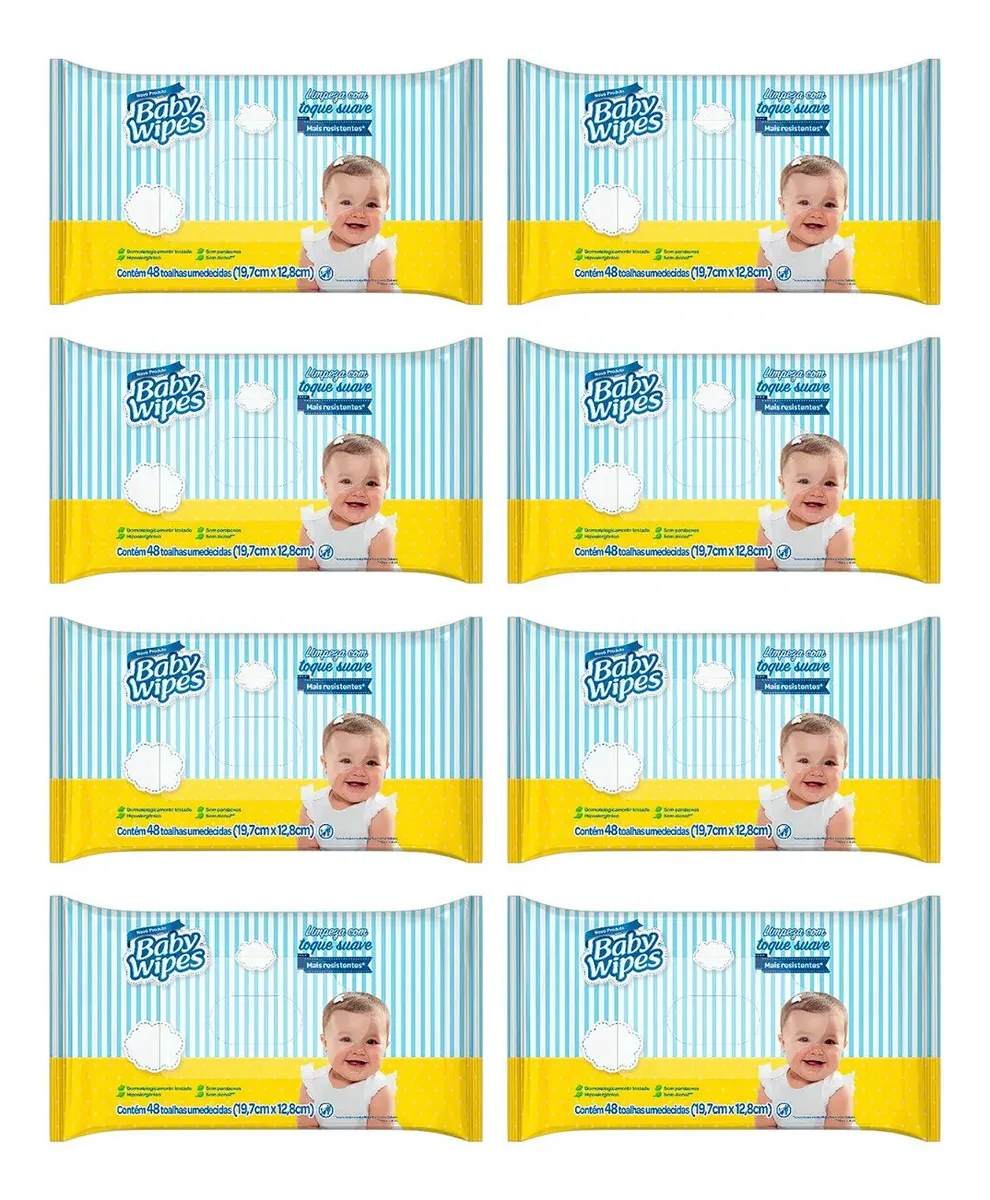 Toalhas Lenços Umedecidos Baby Wipes Corpo Rosto Mãos 8x48un