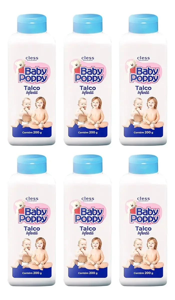 6x Talco Infantil Baby Poppy 200g Deixa Pele Bebê Perfumada