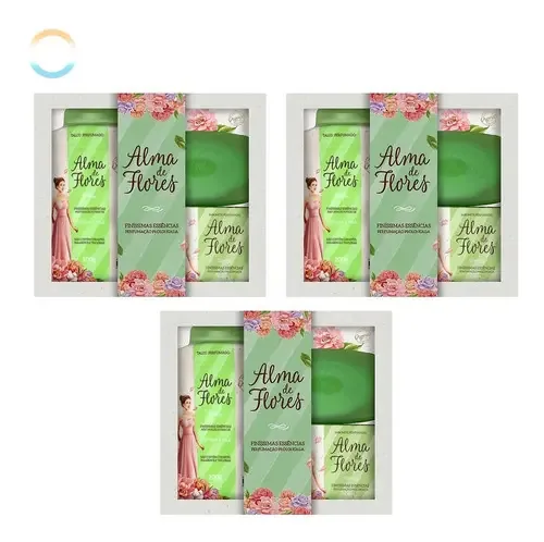 3 Estojo Perfumado Alma Flores Talco Saboneteira 2 Sabonetes