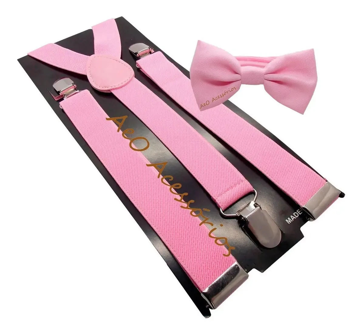 Kit Suspensório + Gravata Borboleta Adulto Várias Cores Cor Rosa-claro