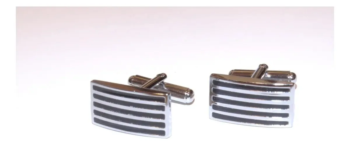 Abotoadura Açox Inox Prata Com Listras Preta