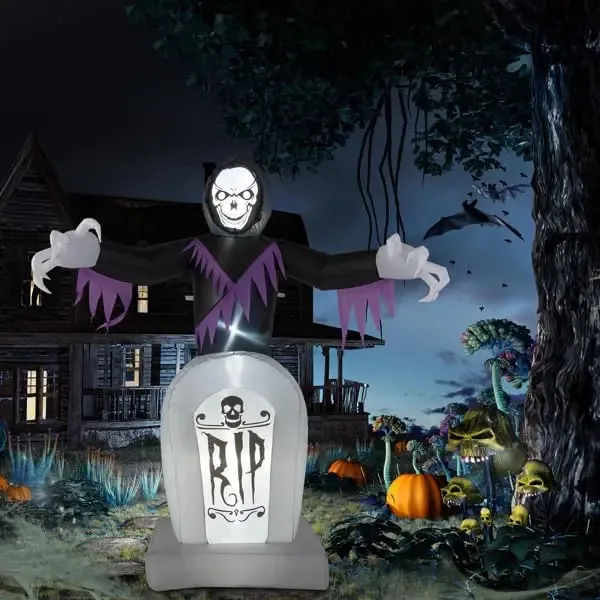Decorações Infláveis de Halloween de 8 Pés para Morte e Túmulo, com 3 Guirlandas de Luzes LED Infláveis, Infláveis, para Decoração de Halloween ao Ar Livre, Lápide, Ornamento
