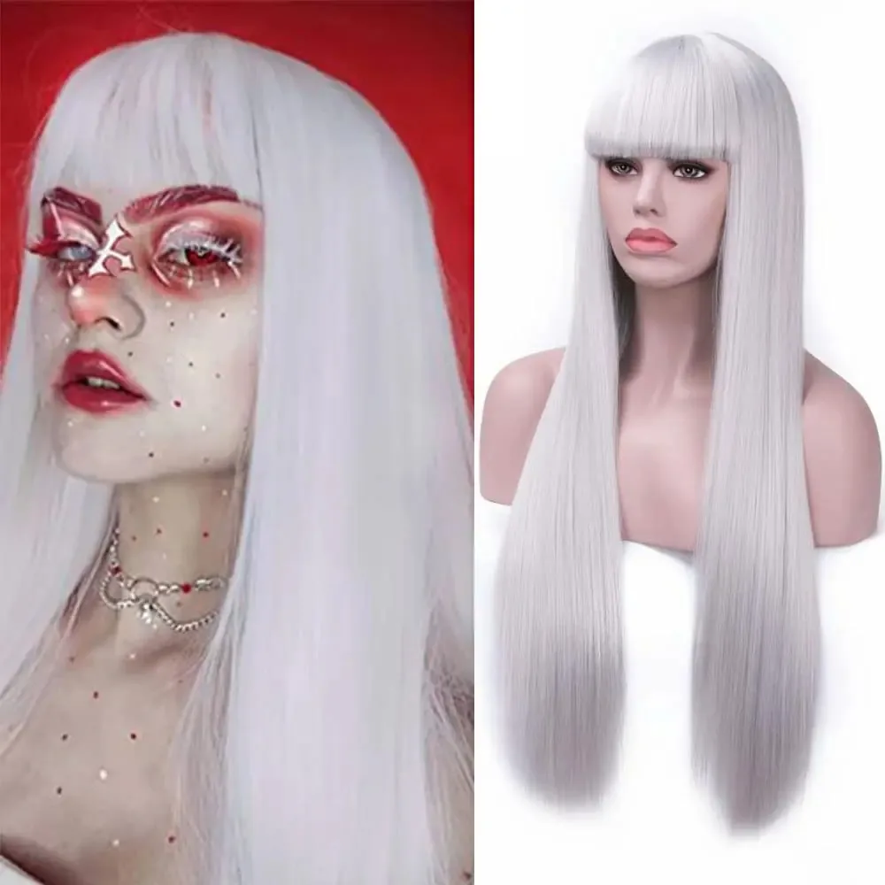 Perucas de cabelo longo e liso Rosa Star com franja plana G