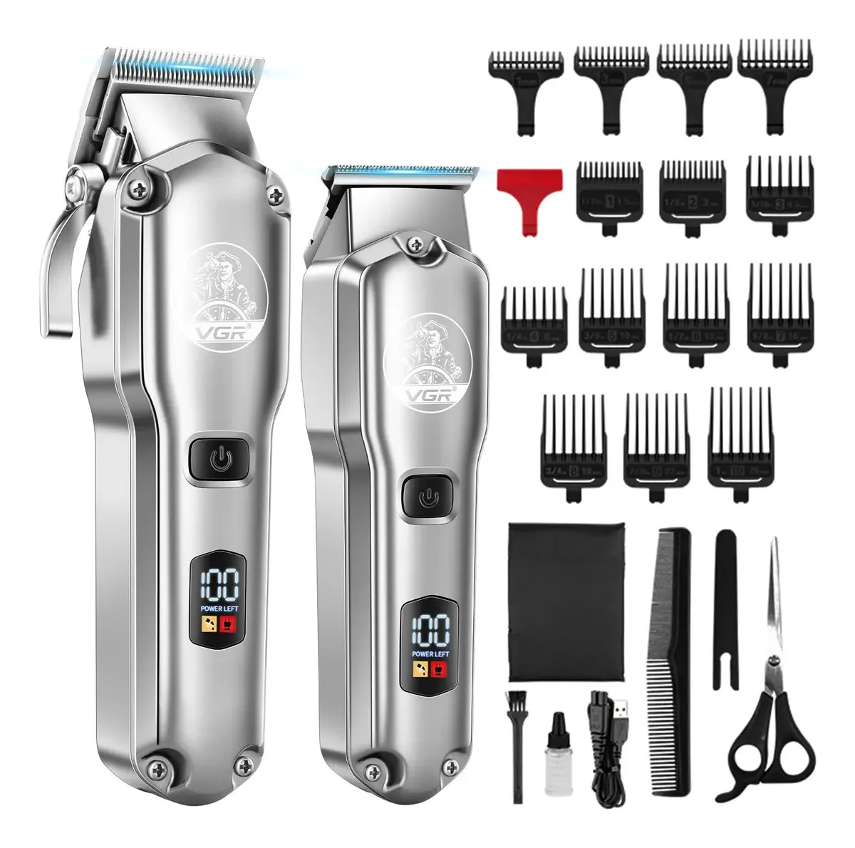 Conjunto de máquinas de cortar cabelo e aparadores de cabelo Vgr para homens, cor prata