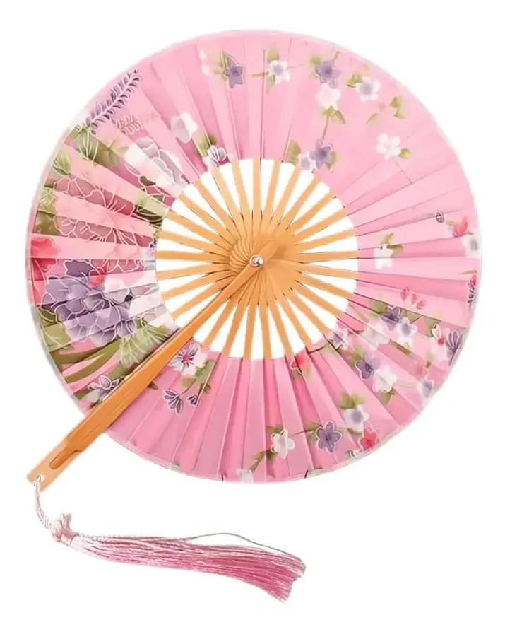 Ventilador De Bambu Com Estampa De Tecido Redondo