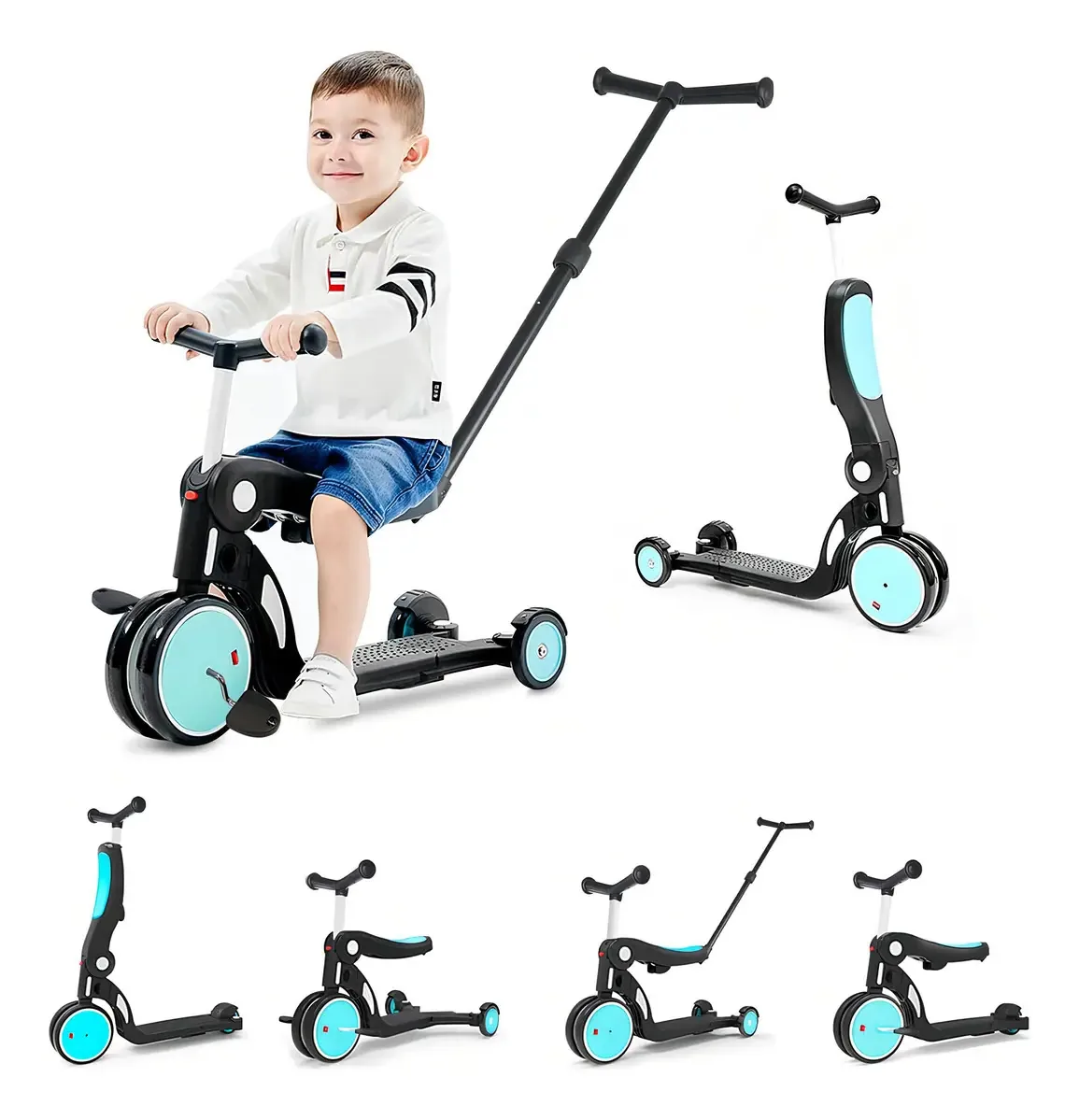 Triciclo transformável Novangua para crianças, triciclo e scooters multifuncional 6 em 1 para treinamento, com alça removível, 3 níveis de altura, bicicleta multiuso de três rodas