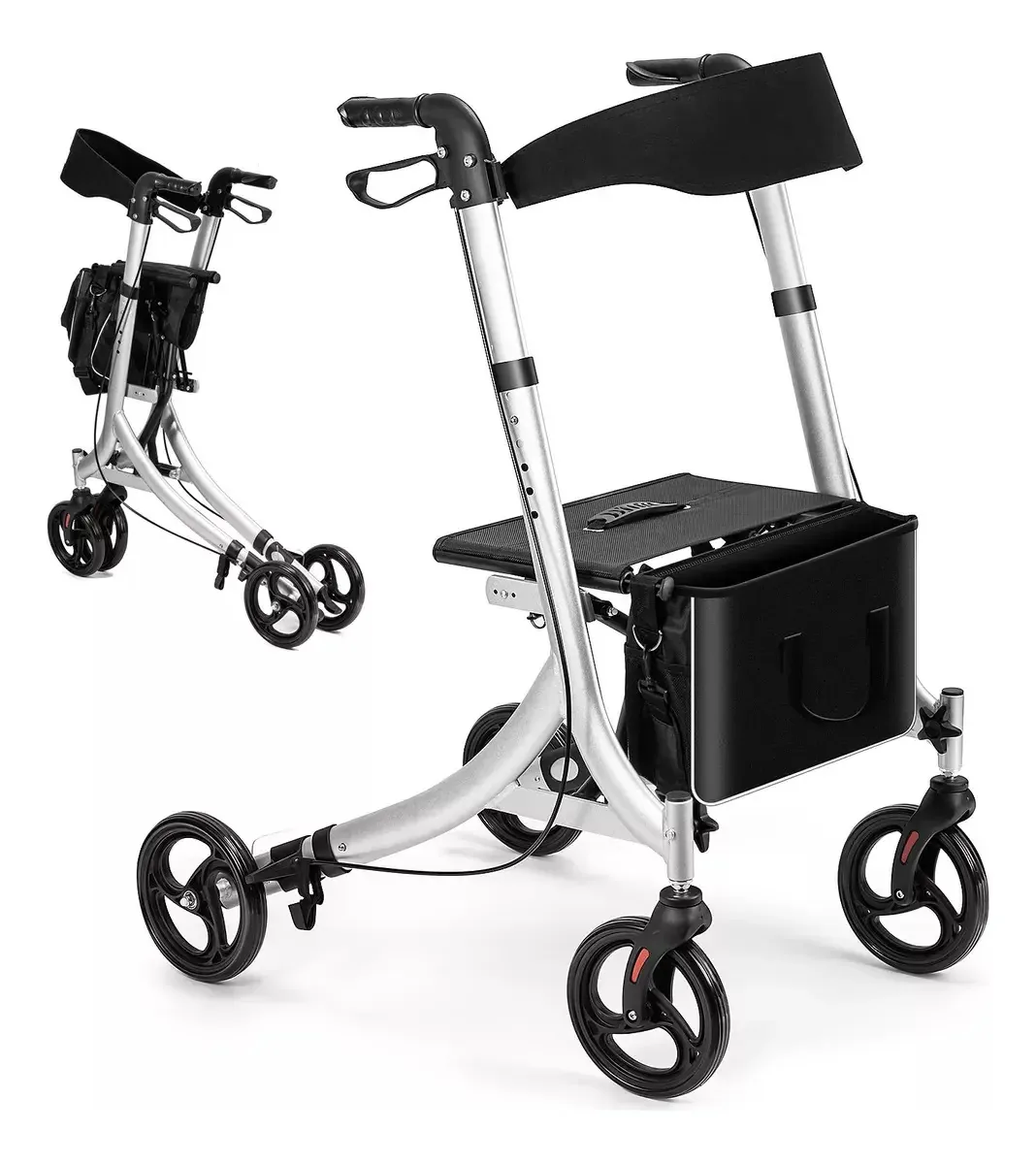 Andador de pneus 2 em 1 para idosos, cadeira de rodas com pneus e assento, cadeira de rodas dobrável com rodas de 8, feita de alumínio com encosto reversível, alça ajustável