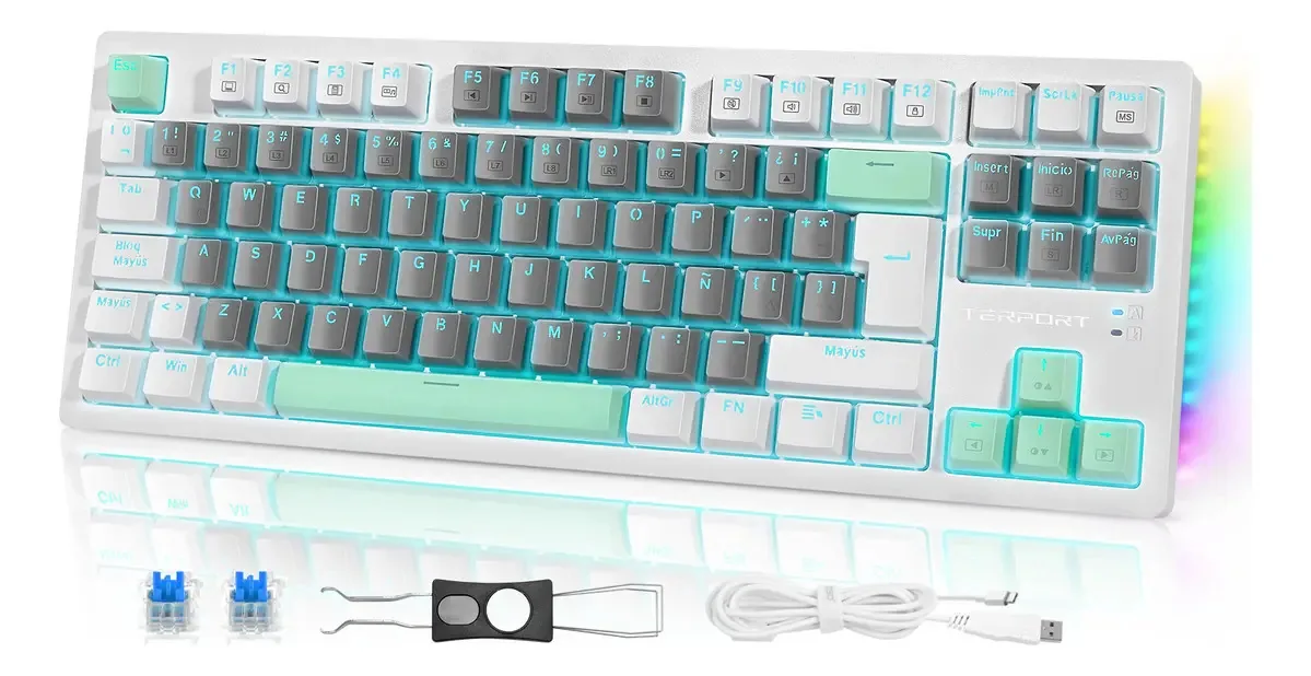 Teclado mecânico Terport Tr88 80% Tkl com tecla ñ, Outemu Blue Hotswap, luz de fundo azul com 9 efeitos e luzes RGB laterais, teclado gamer antifantasma de 8 teclas