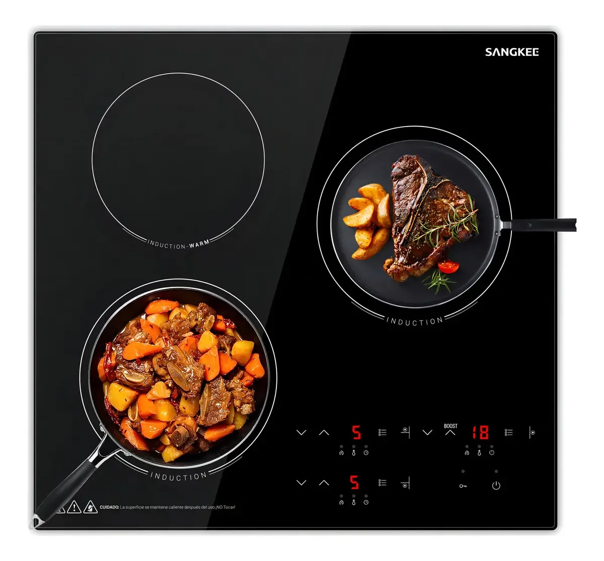 Churrasqueira de indução elétrica, fogão de cozinha de 3 bocas, 2.000 W, 10 níveis de temperatura, 10 níveis múltiplos de potência e modo Boost, tela sensível ao toque, temporizador de 3 horas,...