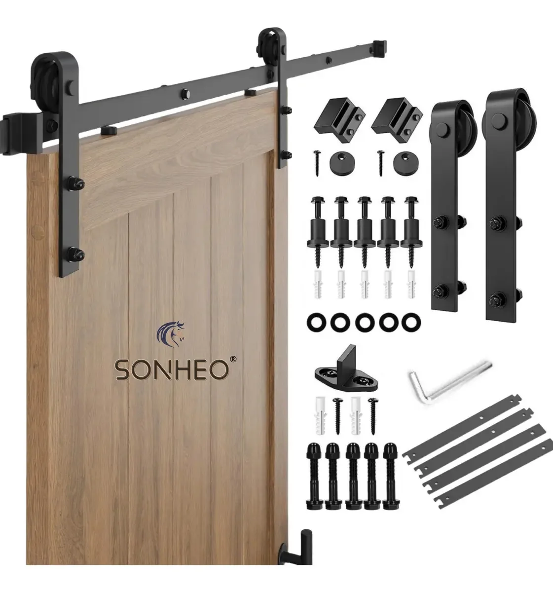 Kit de trilhos deslizantes de porta preta Sonheo® de 6 pés e 1,83 m para portas deslizantes pesadas, hardware de porta deslizante de celeiro, fácil de instalar, ideal para celeiros