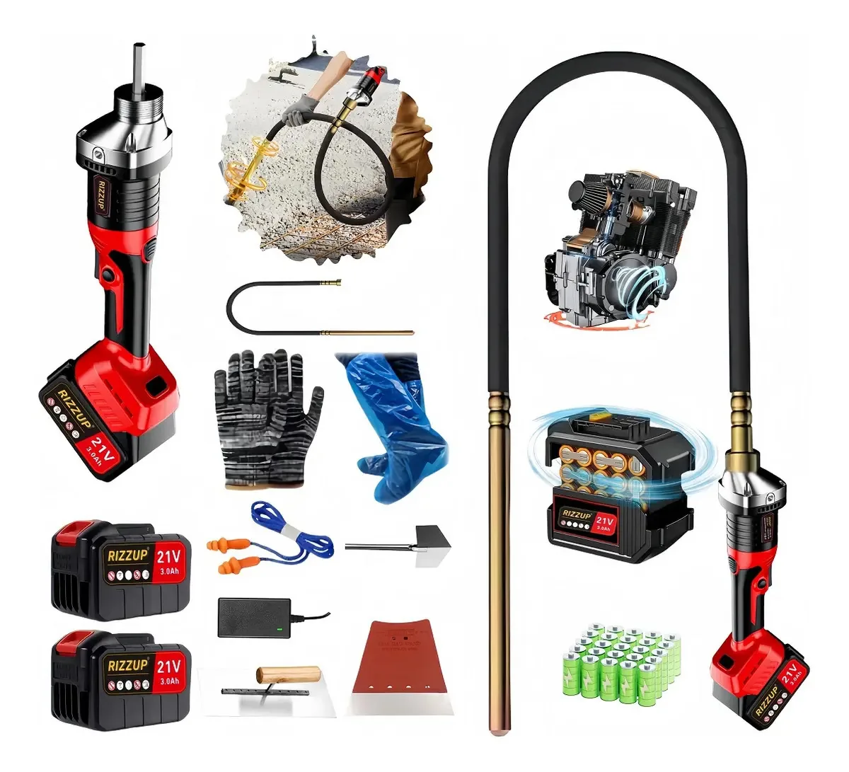 Vibrador elétrico sem fio Rizzup® de 2.000 w 6000 r/min para construção carregável de concreto Ferramenta de vibração de construção Chicote de 1,5 m, colunas de concreto, estradas, cercas