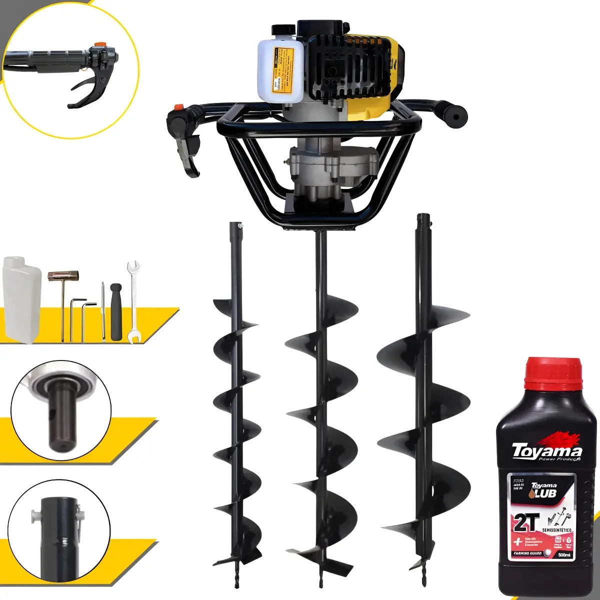 Perfurador de Solo a Gasolina Lynus 52cc 2T com 3 Brocas e Óleo