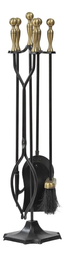 Conjunto de Ferramentas para Lareira de 5 Peças, Cabos de Latão, Ferro Forjado, Conjunto de Ferramentas e Suporte para Lareira ao Ar Livre, Suporte para Fogueiras, Pinças Rústicas, Pá, Escova