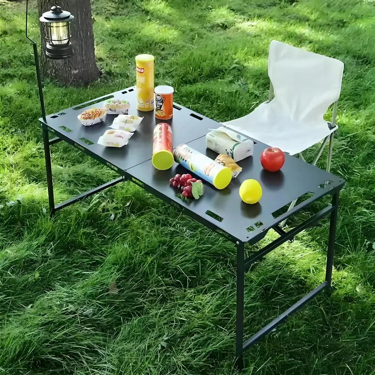 Mesa dobrável de metal para jardim com suporte de lâmpada