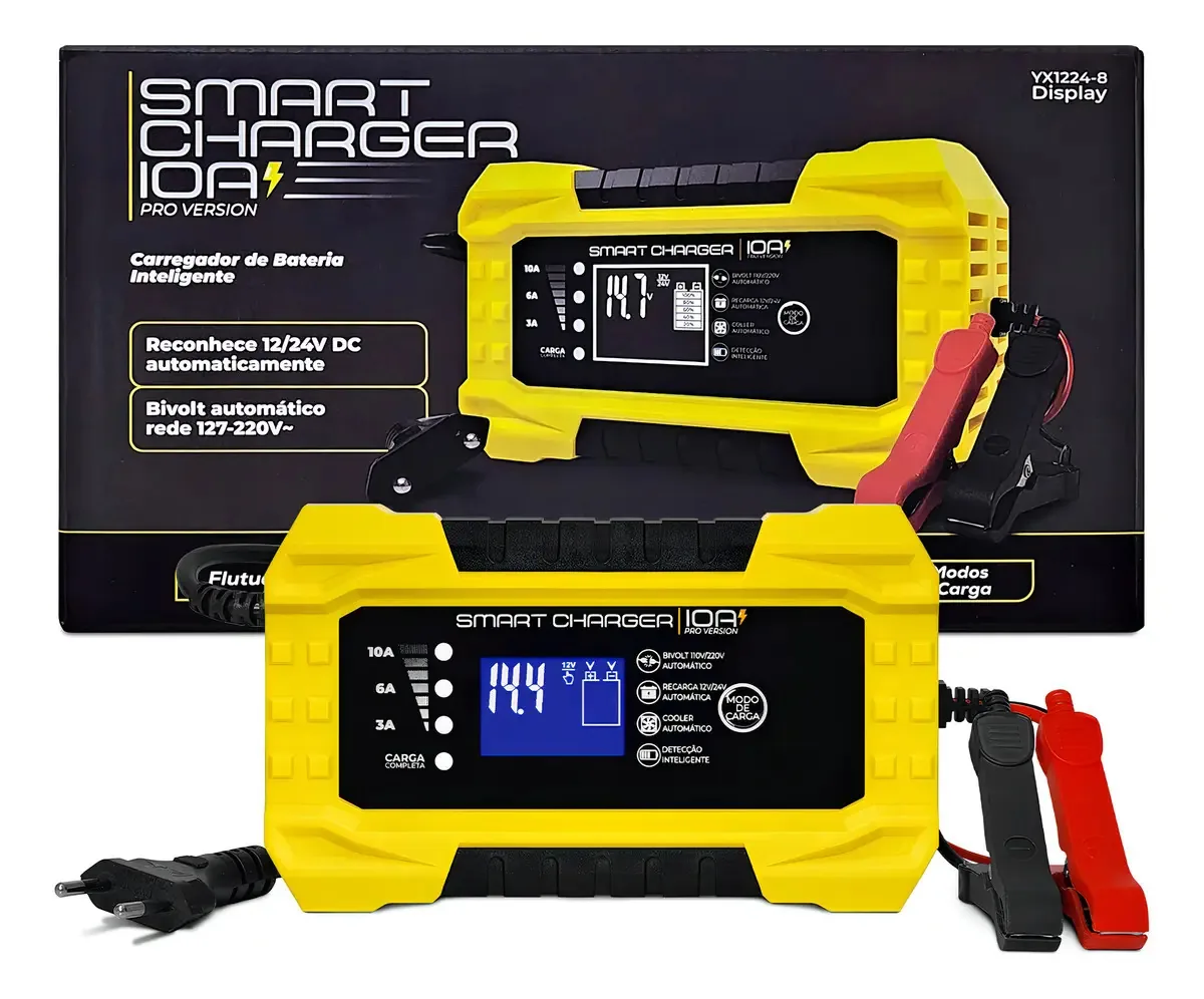 Carregador De Bateria Automotiva 12v 24v 10ah Automático Carro Caminhão Trator Máquina Ônibus Bivolt Smart Charger 4x4sc