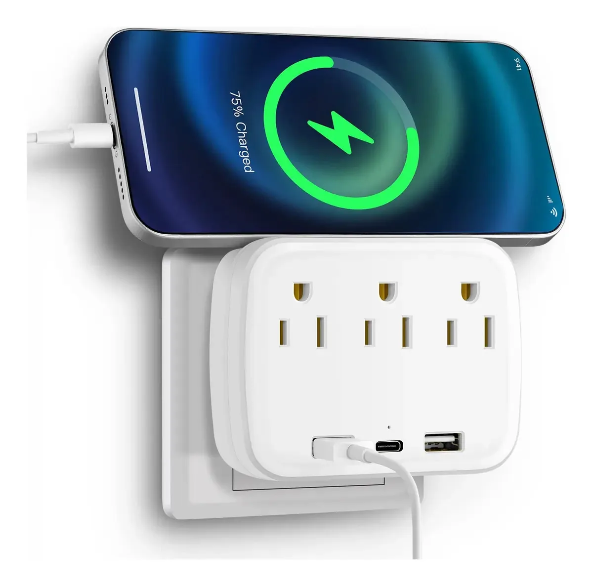 Boparte Régua De Energia Com 2 Carregadores USB 1 Porta Type-C Adaptador De Tomada De Parede Com 3 Saídas (5 V / 3,4 A) Para Casa Escritório Viagem-Branco (a-1)
