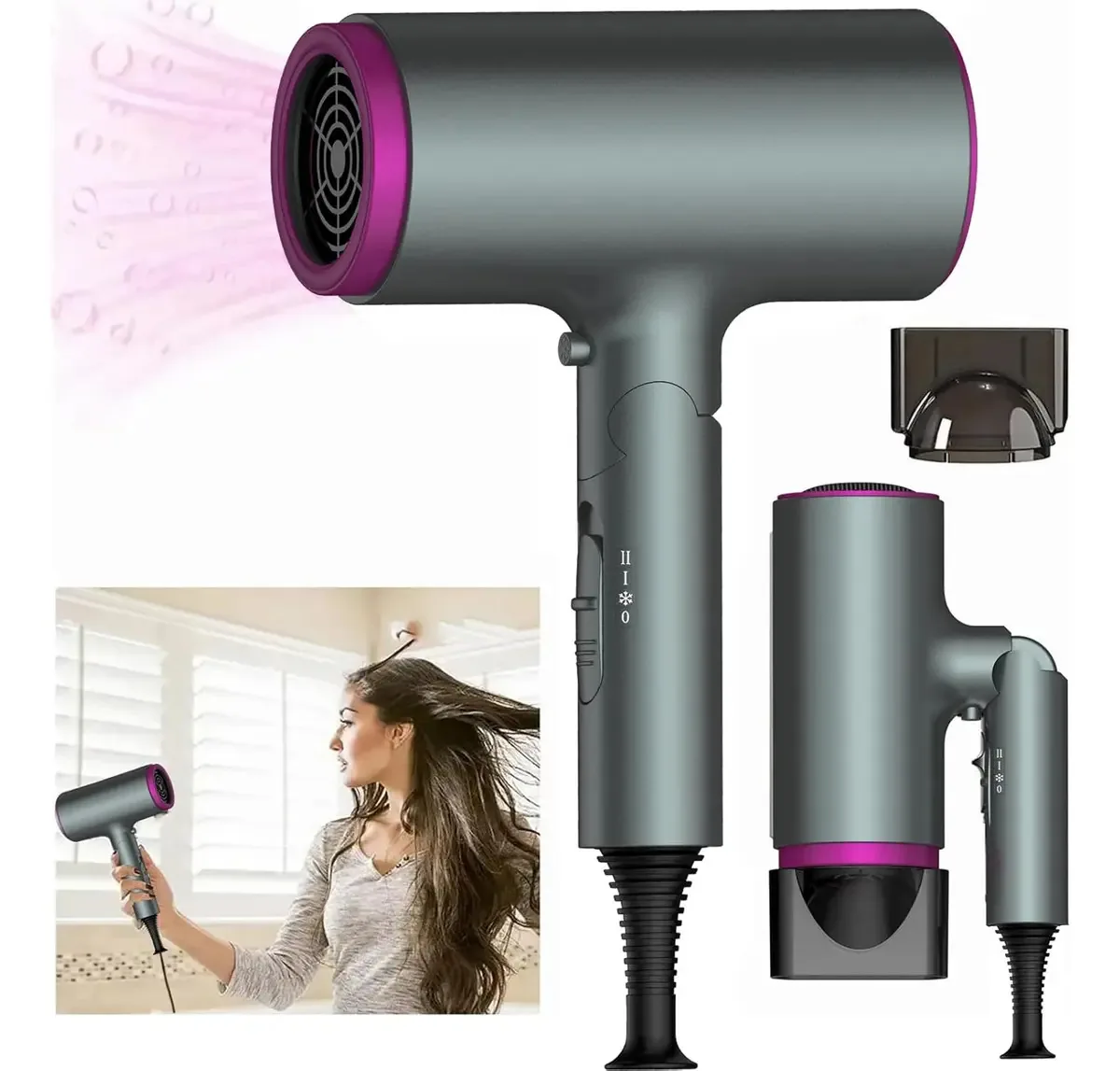 Secador de cabelo iônico Qzgyoool, secador de cabelo dobrável, secadores de cabelo profissionais de 1800w