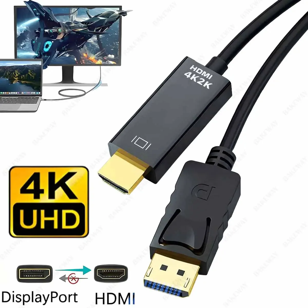 Cabo HDMI unidirecional Bakeway Displayport para Hdmi Dp 4k 1,8 m, o cabo conversor Displayport para HDMI suporta resolução HD, Note que não suporta HDMI para Dp