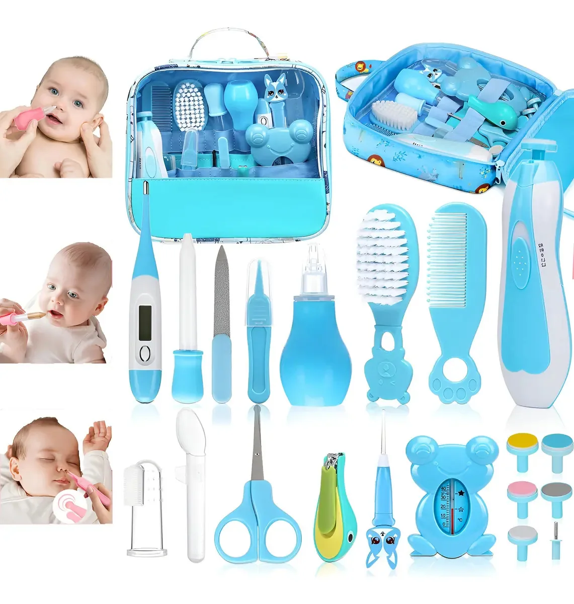20 Kit Higiene Bebê Cuidados Termômetro Saúde Manicure Escova Cor Azul