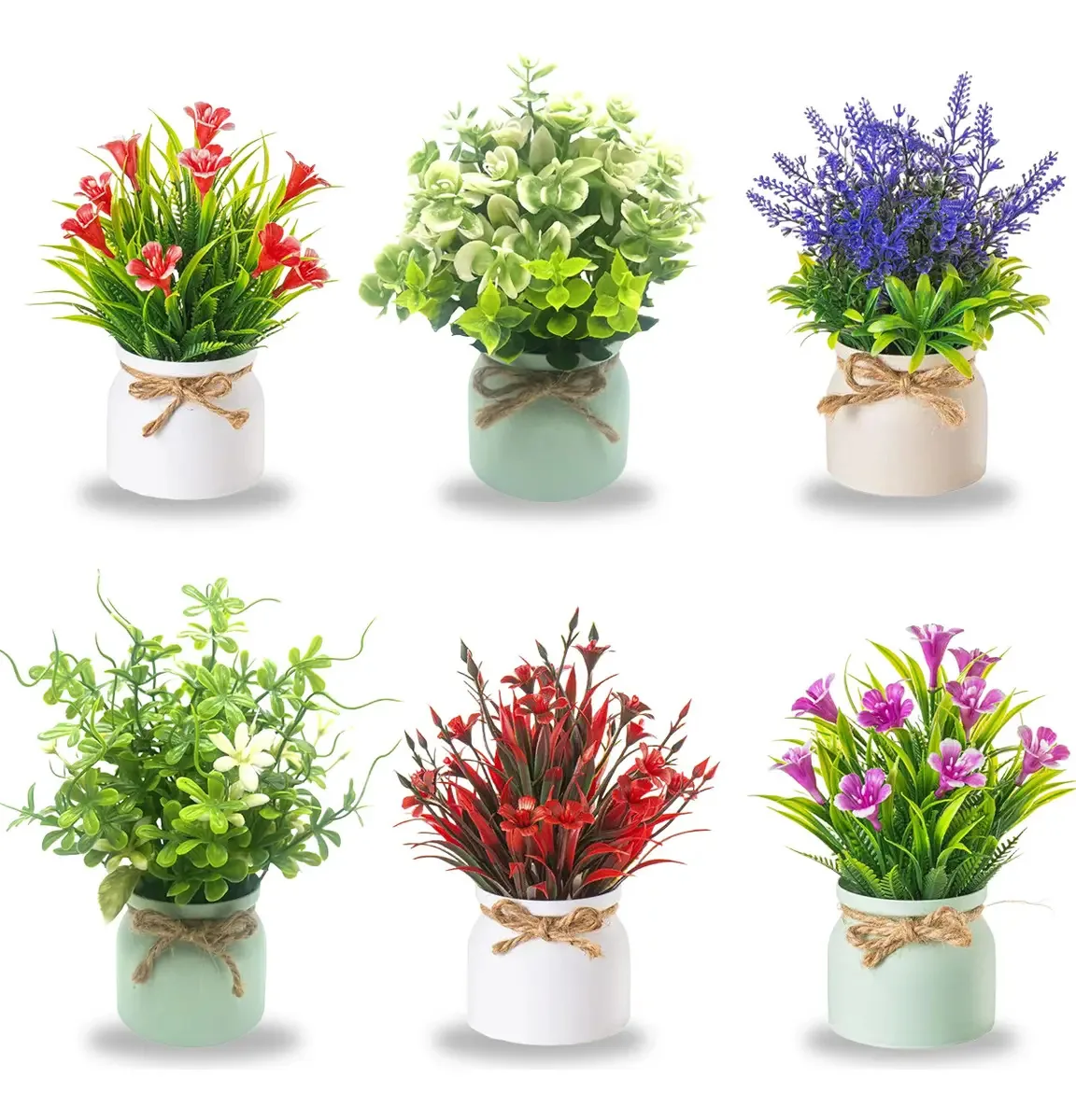Decoração de vasos de bonsai de flores de plantas artificiais, 6 unidades
