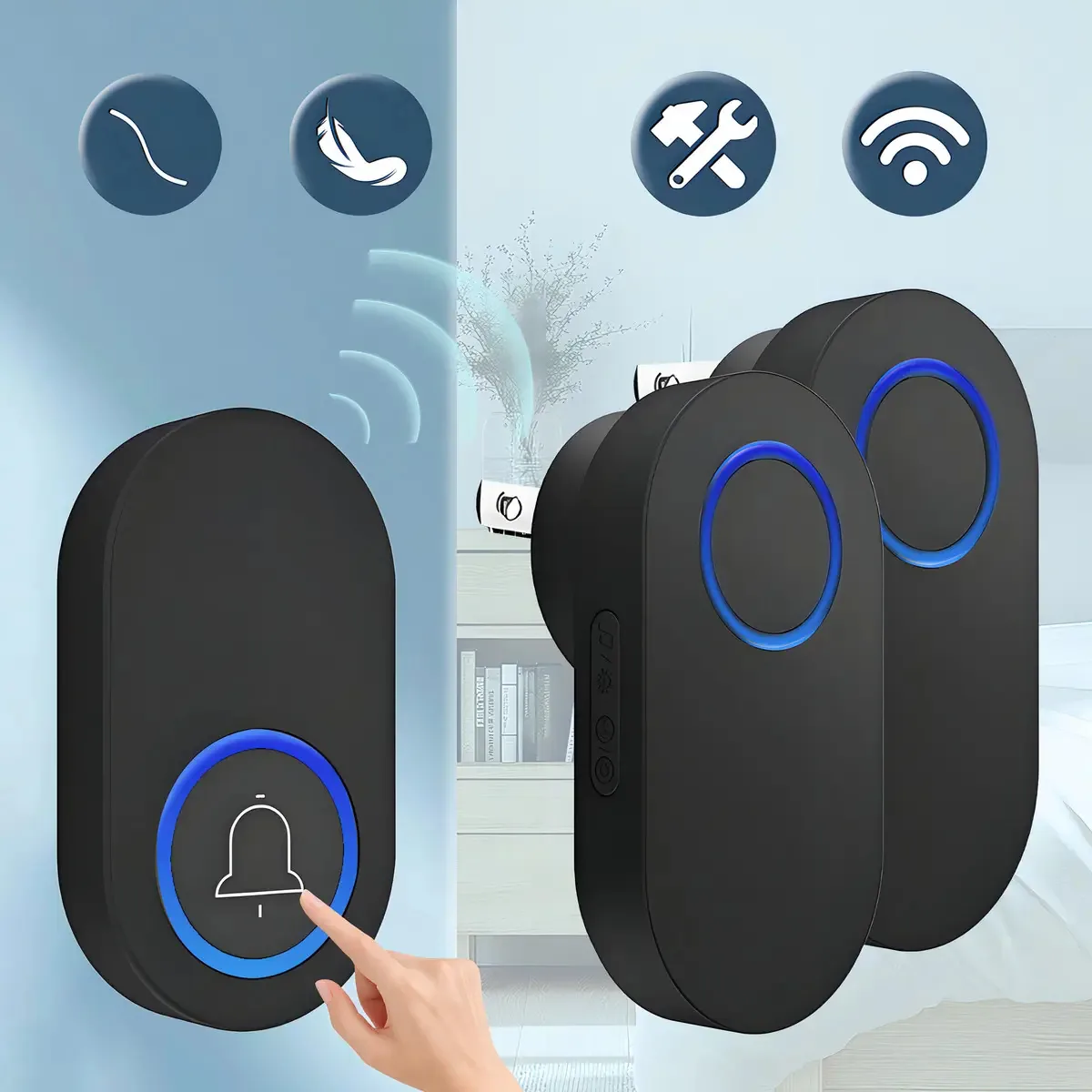 Campainha sem fio à prova d'água com 1 transmissor e 2 receptores Durabilidade de longa distância Campainha sem fio Vanance® Porta Campainha Ring Campainha Cor Preto