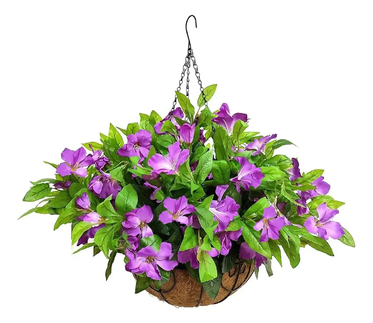 Plantas de flores artificiais penduradas com cesta para decoração