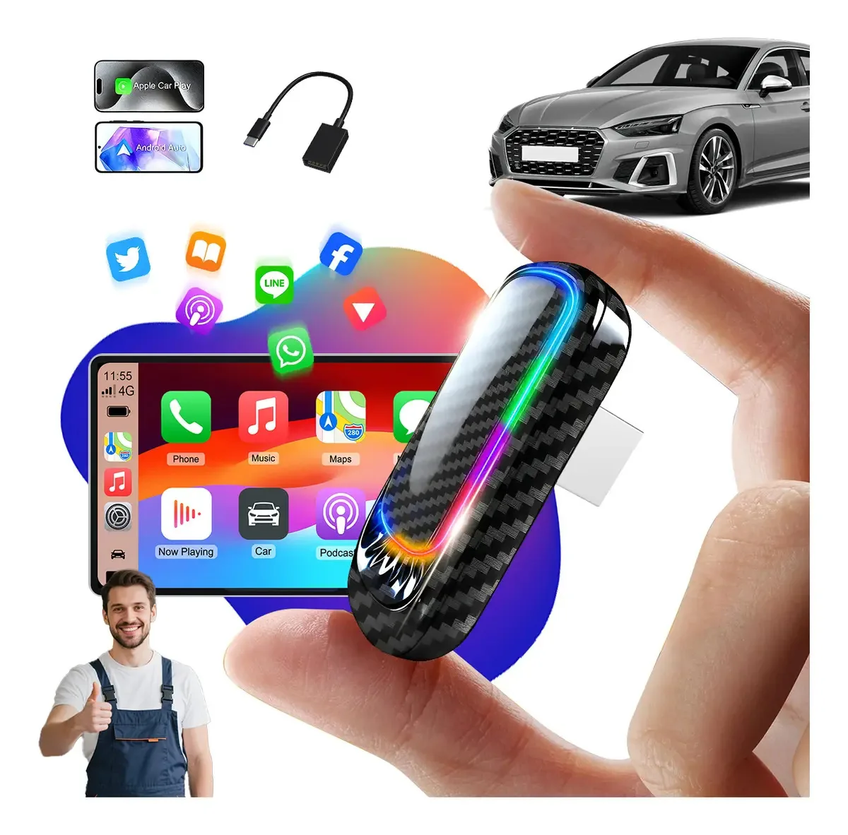 Adaptador Sem Fio Carplay E Android Auto Universal Wi-fi Cabos E Conectores Som Automotivo Acessórios Para Veículos adaptador sem fio conector automotivo