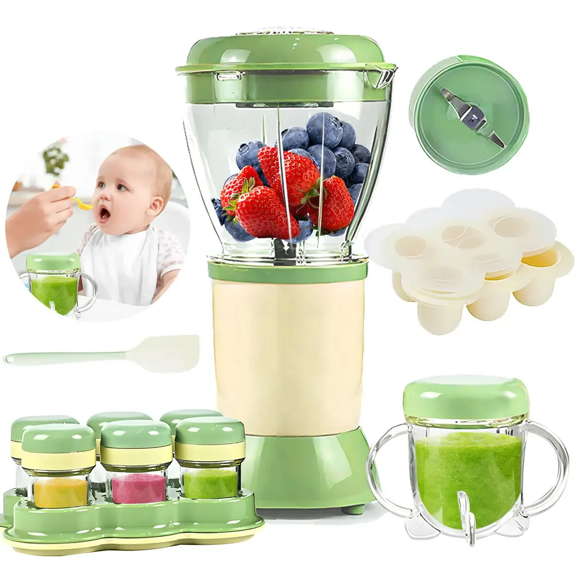 Processador de alimentos para bebês, liquidificador de cozinha, comida para bebês, 16 peças, verde claro