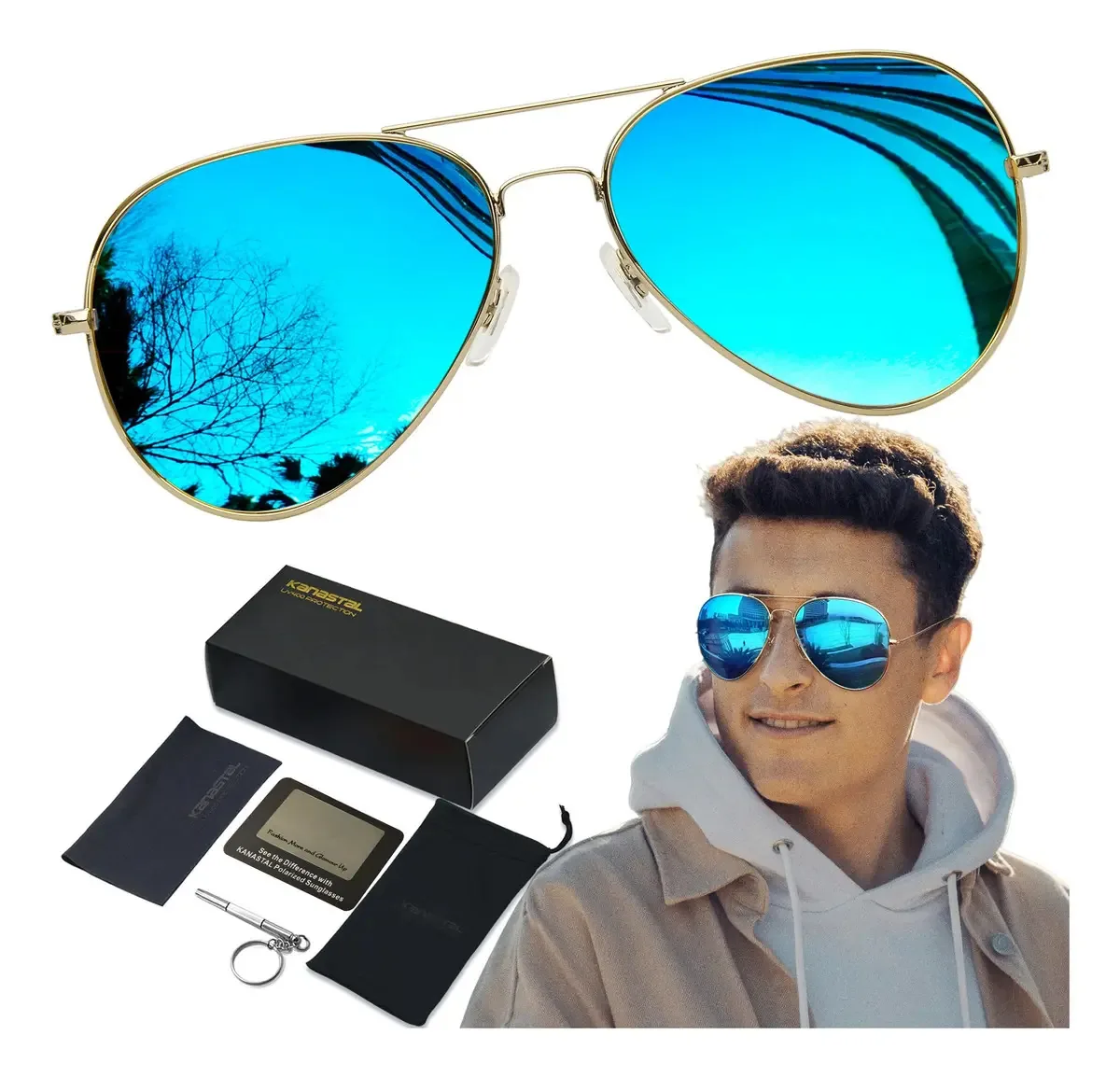 Óculos de sol femininos UV Classic Retro Pilot Gold Droplet com espelho azul/espelho azul