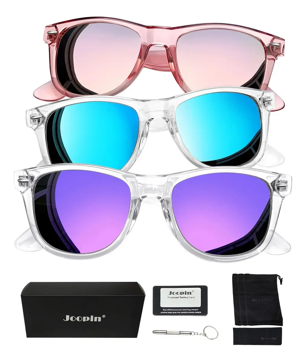 Óculos de sol polarizados masculinos e femininos, quadrados, UV, 3 peças, espelho rosa/espelho azul/espelho roxo