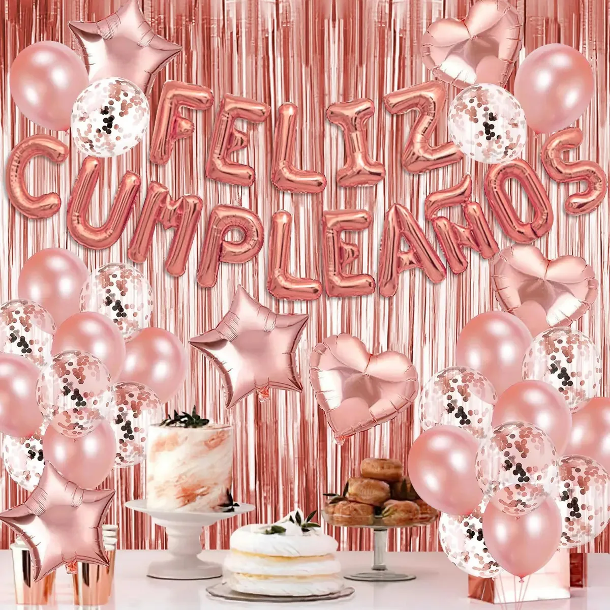 Ghhkud 34 Pzs Globos De Cumpleãnos Oro Rosa, Aivatoba Decoración De Cumpleaños Fiesta Con Feliz Cumpleaños Globos, Cortina Oro Rosa,globos De Confeti, Perfecta Decoración Para Fiestas Para Niñas Mujer